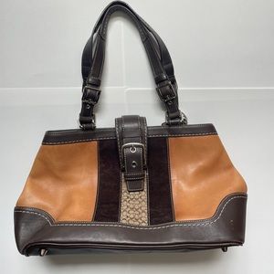 Coach Signature Brown Authentic Classic 
Stripe Satchel Leather Hand Bag Purse